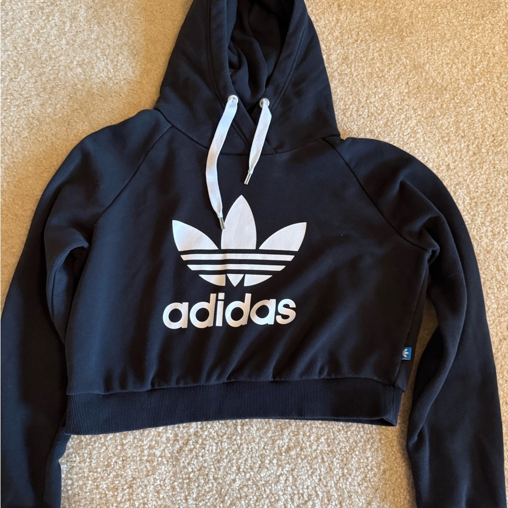 adidas Black Cropped Trefoil Hoodie with White Logo